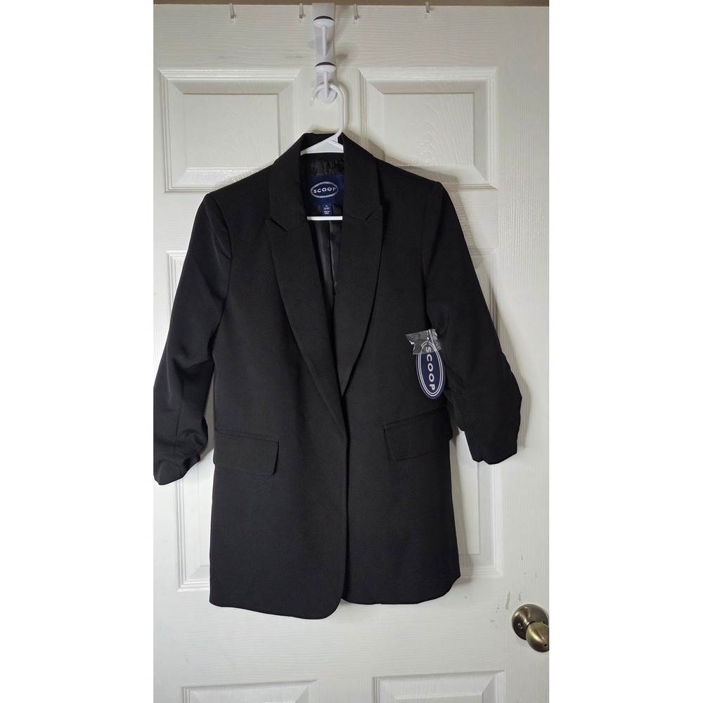 Scoop Womens Black Scrunched Sleeve Open Front Blazer Jacket Size M 8-10 NWT